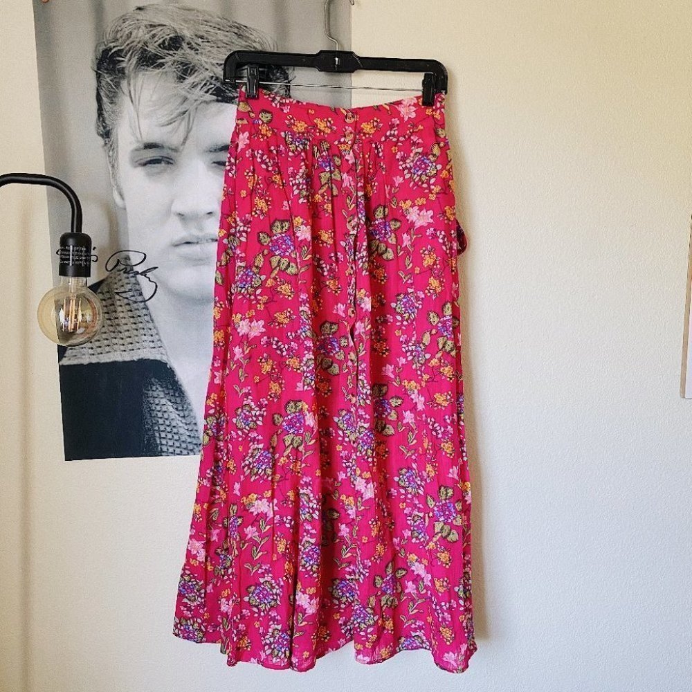 Mango Cottage Core hot pink floral maxi skirt s
